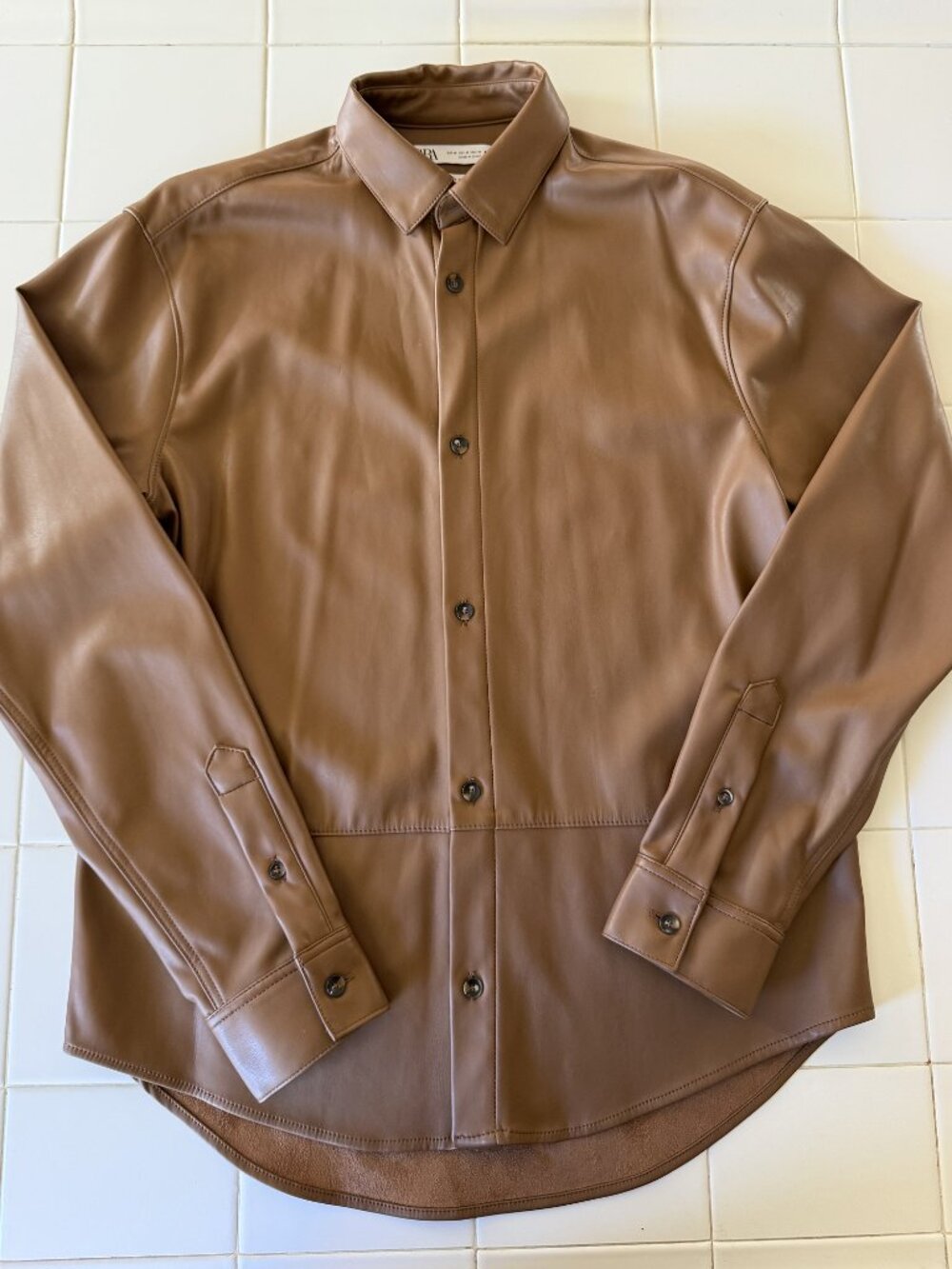 Zara Men's Faux Leather Button Up Overshirt – Camel Brown – Size M